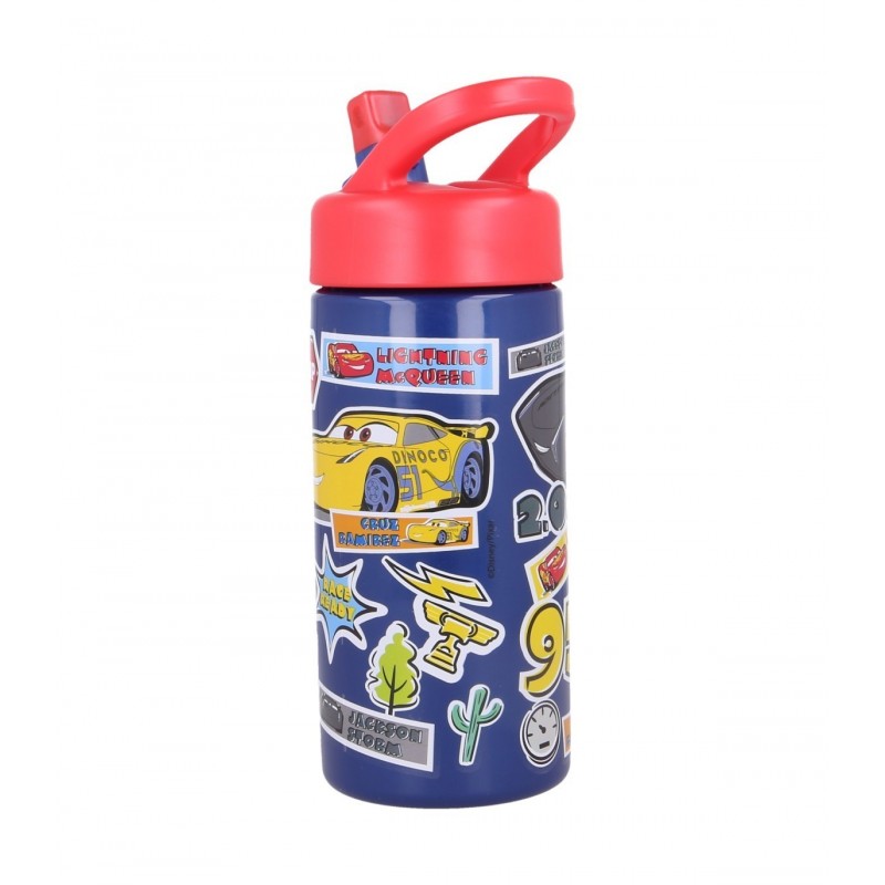 Botella escolar de Cars de 420 ml decorada con pegatinas de Cruz Ramírez y elementos de carreras.