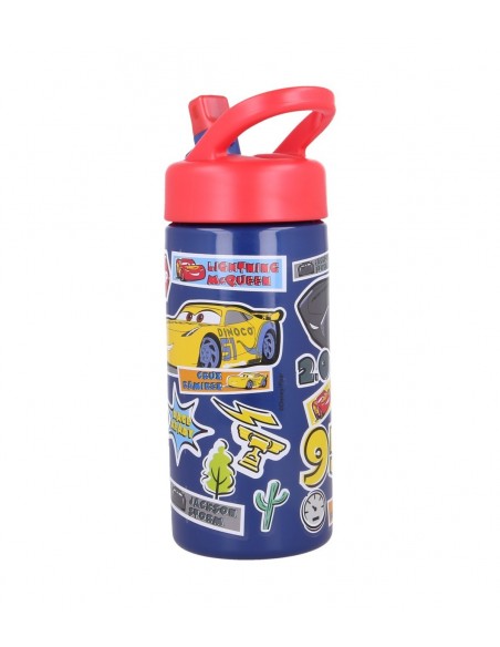 Botella escolar de Cars de 420 ml decorada con pegatinas de Cruz Ramírez y elementos de carreras.