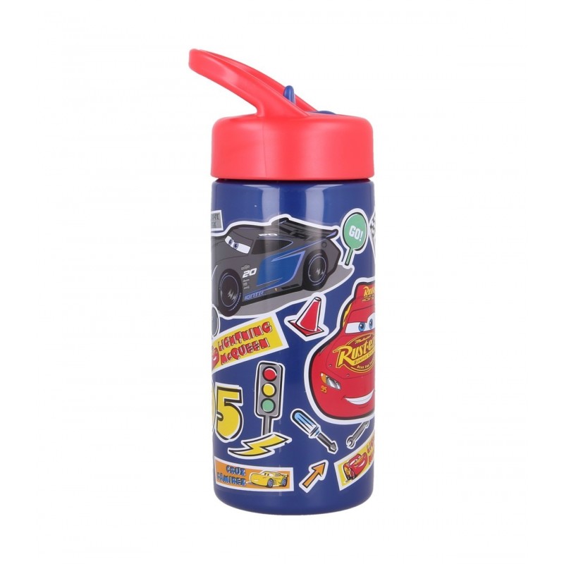 Botella infantil de plástico de Cars con diseño de pegatinas mostrando a Jackson Storm y Rayo McQueen.