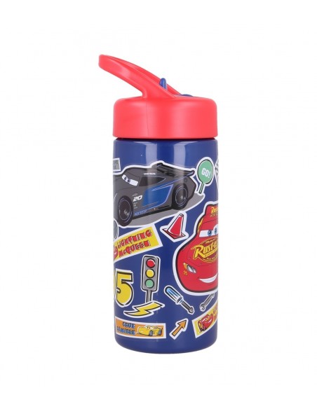 Botella infantil de plástico de Cars con diseño de pegatinas mostrando a Jackson Storm y Rayo McQueen.