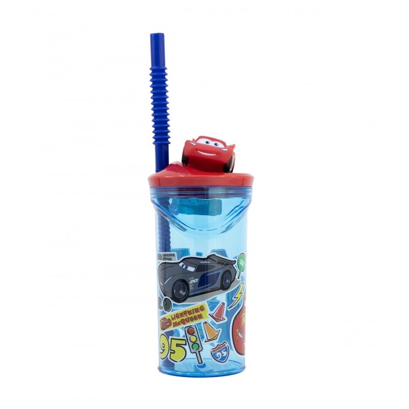 Vaso infantil con pajita y figura 3D de Cars mostrando el diseño lateral con Jackson Storm.