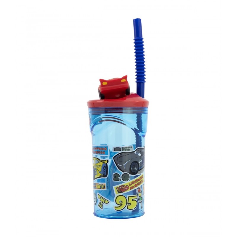 Vaso infantil con pajita y figura 3D de Cars mostrando el diseño lateral con Jackson Storm.