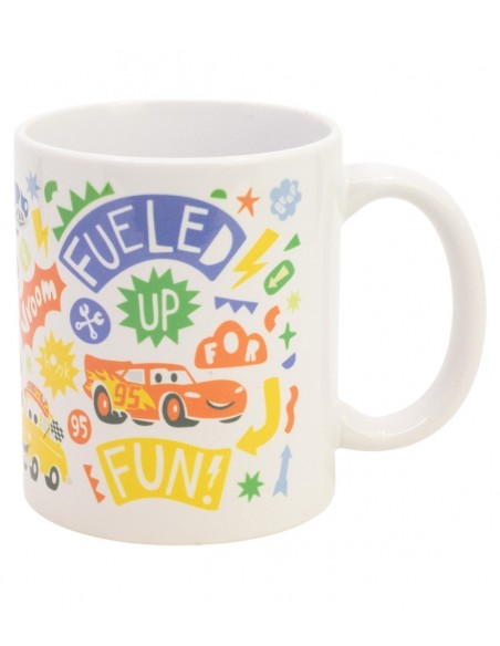 Taza de cerámica de Cars Happy Squad con ilustración de Rayo McQueen y lema Fueled Up.