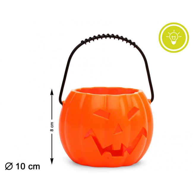 Calabaza de Halloween naranja con luz y asa de 10 cm de diámetro para recoger caramelos.
