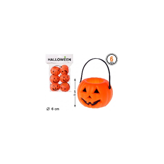 Blíster de 6 mini cubos de calabaza de Halloween de 6 cm. con una unidad en primer plano.