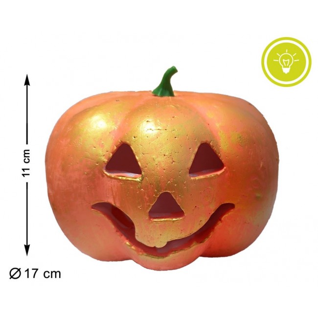 Calabaza decorativa de Halloween con luz de 17 cm. de diámetro y acabado texturizado.