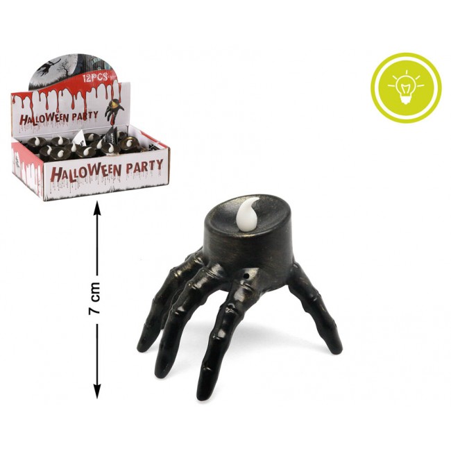 Vela LED de Halloween de 7 cm. con diseño de mano terrorífica oscura y luz superior.