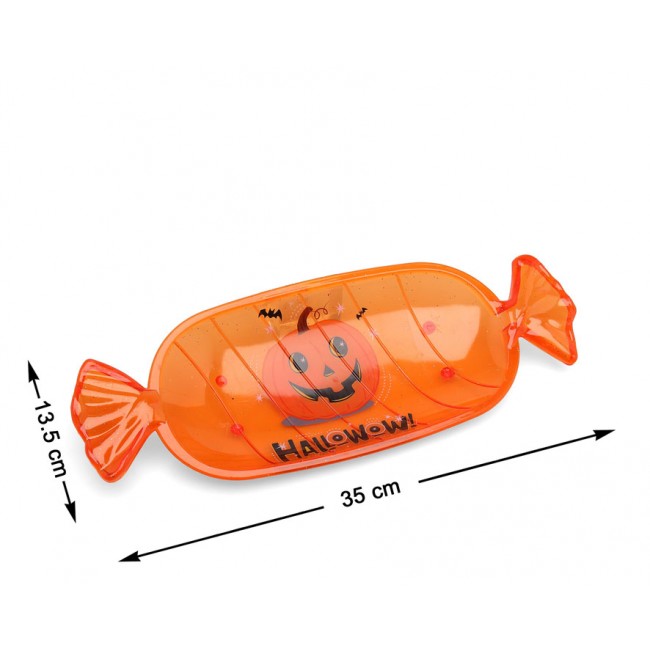 Bandeja de plástico naranja con forma de caramelo de 35 cm y dibujo de calabaza para Halloween.