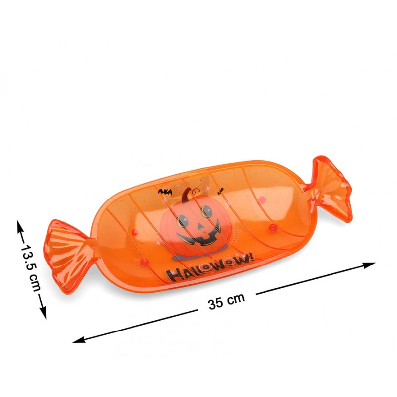 Bandeja de plástico naranja con forma de caramelo de 35 cm y dibujo de calabaza para Halloween.