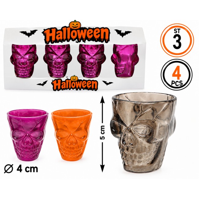 Blíster de 4 vasos de chupito de Halloween con forma de calavera de 5 cm. en colores variados.