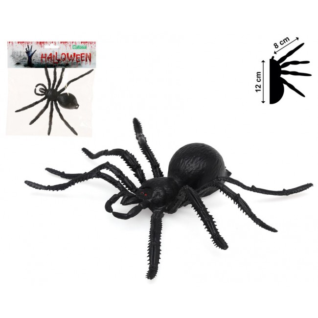Araña decorativa gigante de Halloween de plástico negro de 12x8 cm. con presentación en bolsa.