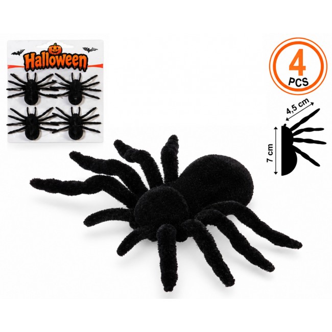 Blíster de 4 arañas negras de peluche para Halloween de 7 cm. con presentación en blíster.