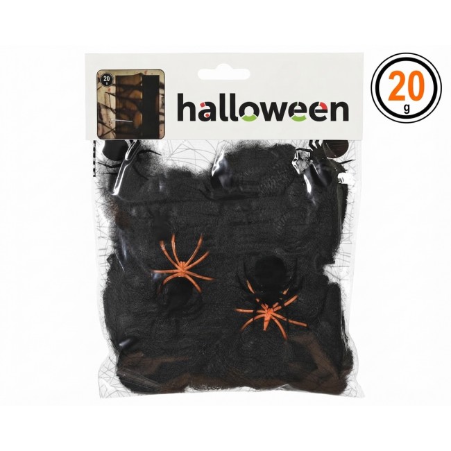 Telaraña negra decorativa de Halloween de 20 gramos con pequeñas arañas en su bolsa de presentación.