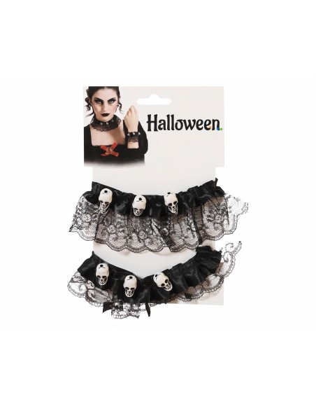 Set de Gargantilla y Pulsera de Encaje con Calaveras para Halloween - 2 Piezas