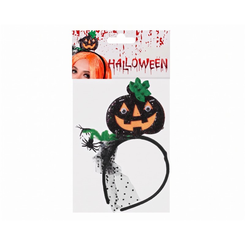 Diadema de Halloween con calabaza brillante y velo presentada en su empaque original.