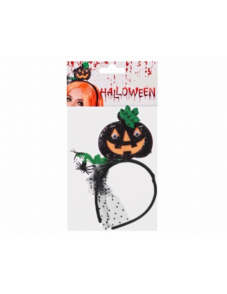 Diadema de Halloween con calabaza brillante y velo presentada en su empaque original.
