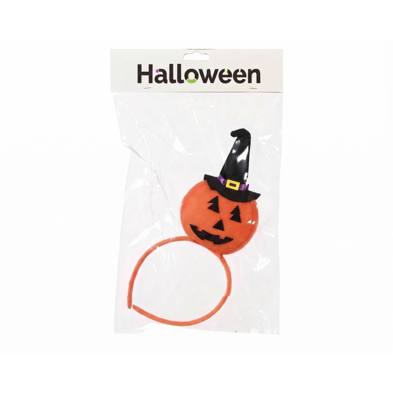 Diadema de Halloween con calabaza y sombrero de bruja presentada en su bolsa original.