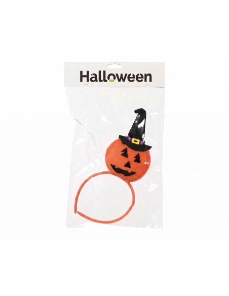 Diadema de Halloween con calabaza y sombrero de bruja presentada en su bolsa original.