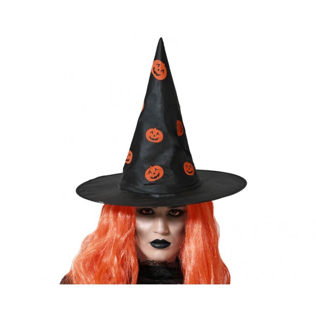 Sombrero de bruja negro con estampado de calabazas naranjas para Halloween.