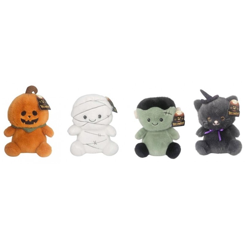 Surtido de cuatro peluches de personajes de Halloween de 18 cm. incluyendo calabaza, momia, Frankenstein y gato negro.