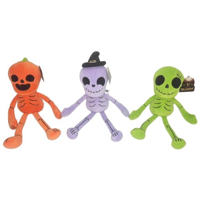 Pack de peluches de esqueletos de Halloween de 34 cm en colores naranja, morado y verde.