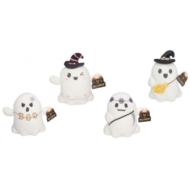 Surtido de cuatro peluches de fantasmas de Halloween de 18 cm con accesorios y sombreros.