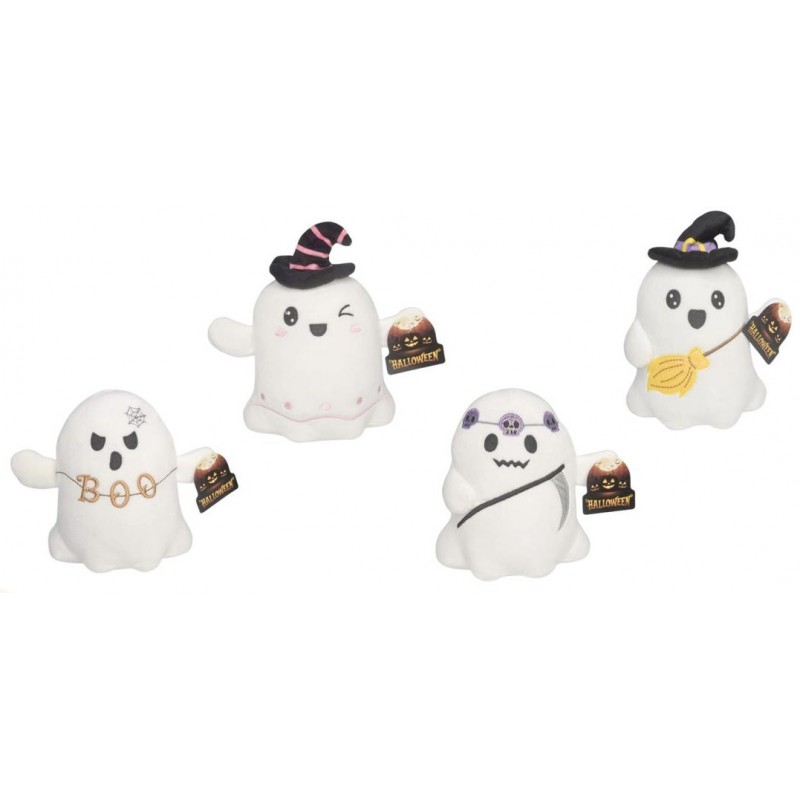 Surtido de cuatro peluches de fantasmas de Halloween de 18 cm con accesorios y sombreros.