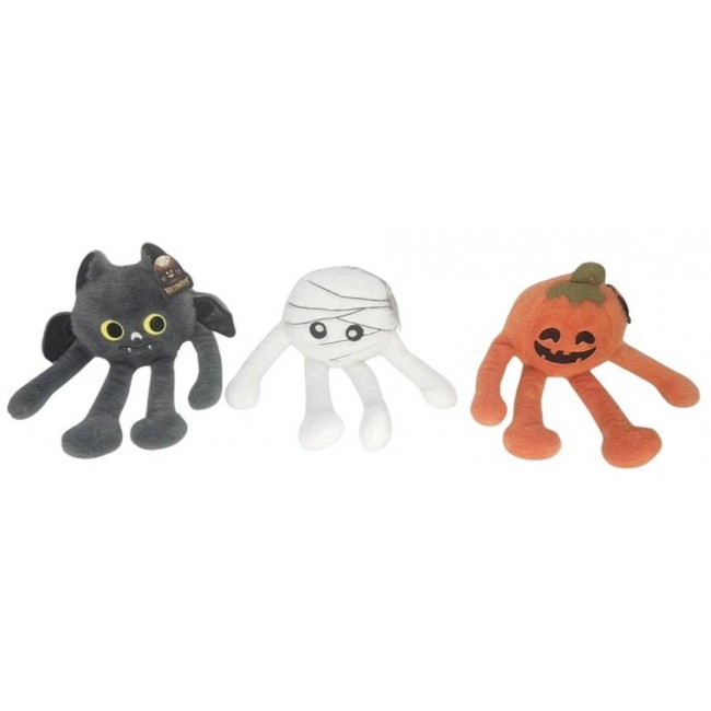 Surtido de tres peluches de Halloween de 32 cm. con patas largas incluyendo murciélago, momia y calabaza.