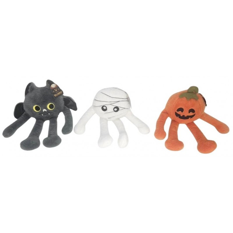 Surtido de tres peluches de Halloween de 32 cm. con patas largas incluyendo murciélago, momia y calabaza.