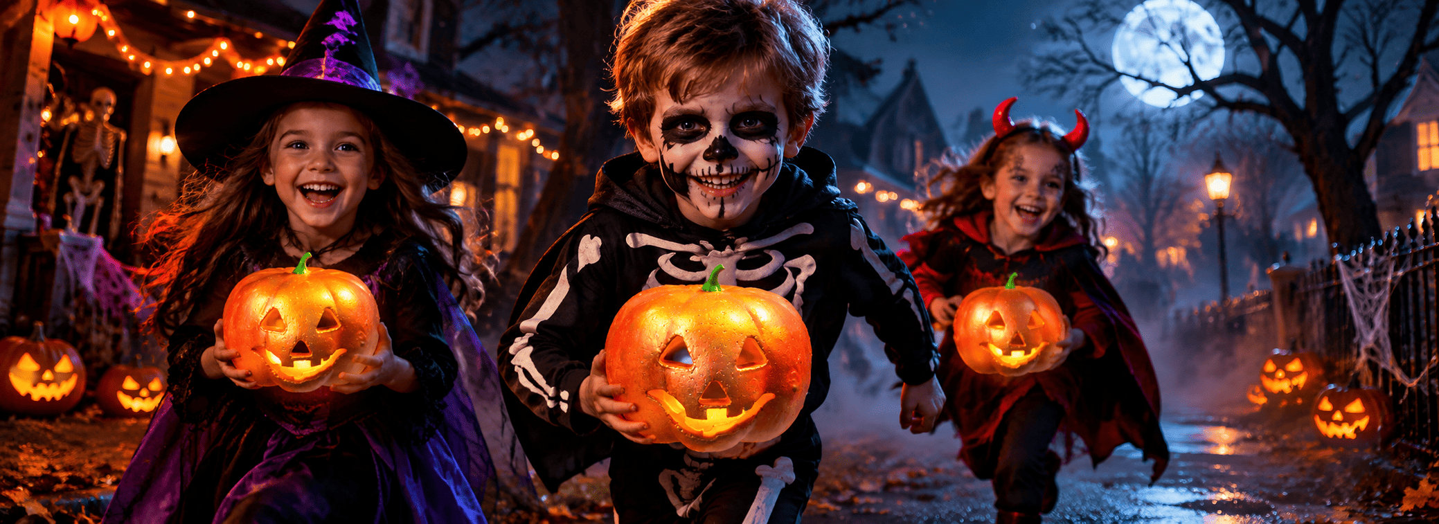 Tres niños sonrientes disfrazados de bruja, esqueleto y diablilla sosteniendo calabazas iluminadas en una calle decorada de Halloween bajo la luna llena.