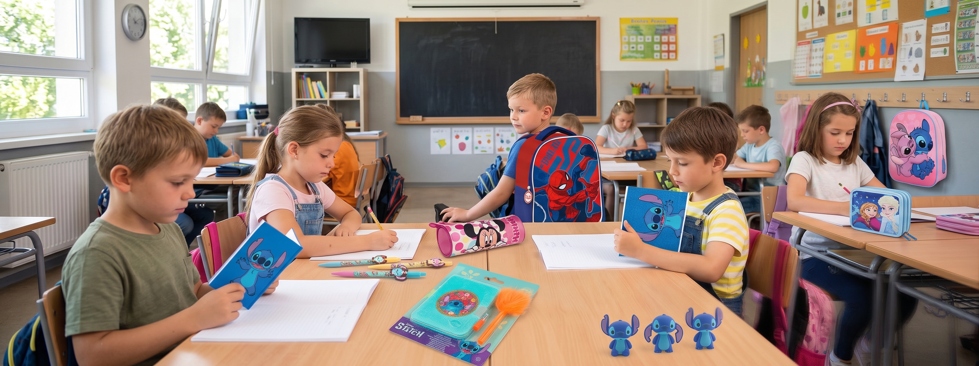 Niños en el aula con mochilas, estuches y libretas escolares de Stitch, Spiderman, Minnie y Frozen para la Vuelta al Cole en e-toy.es